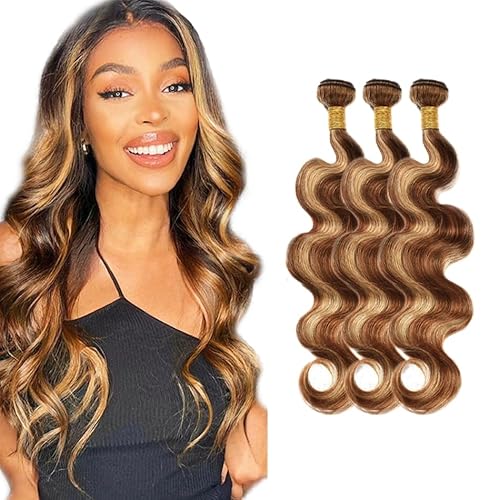 Evaxilc Body Wave Bundles Extension Echthaar perücke Human Hair Glueless Bundles Brazilian Virgin Hair 100% Unprocessed P427 Highlight Brown Color 3 Bundles Total 300g For Women 14 16 18 Inch von Evaxilc