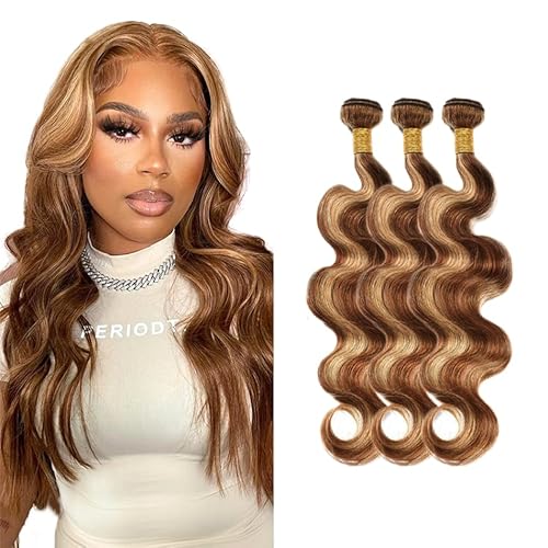 Evaxilc Body Wave Bundles Extension Echthaar perücke Human Hair Glueless Bundles Brazilian Virgin Hair 100% Unprocessed P427 Highlight Brown Color 3 Bundles Total 300g For Women 18 20 22 Inch von Evaxilc