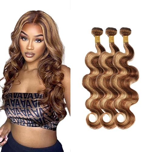 Evaxilc Body Wave Bundles Extension Echthaar perücke Human Hair Glueless Bundles Brazilian Virgin Hair 100% Unprocessed P427 Highlight Brown Color 3 Bundles Total 300g For Women 26 28 30 Inch von Evaxilc