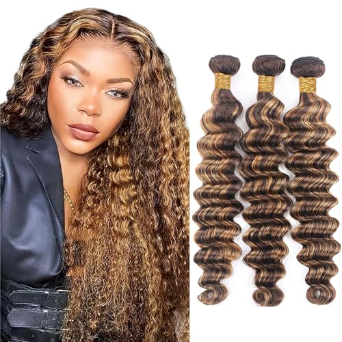 Evaxilc Deep Wave Bundles Extension Echthaar perücke Human Hair Glueless Bundles Brazilian Virgin Hair 100% Unprocessed P427 Highlight Brown Color 3 Bundles Total 300g For Women 12 14 16 Inch von Evaxilc