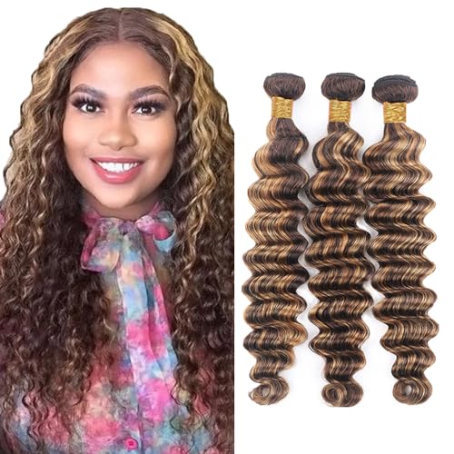 Evaxilc Deep Wave Bundles Extension Echthaar perücke Human Hair Glueless Bundles Brazilian Virgin Hair 100% Unprocessed P427 Highlight Brown Color 3 Bundles Total 300g For Women 14 16 18 Inch von Evaxilc
