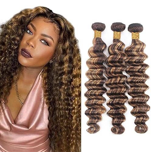 Evaxilc Deep Wave Bundles Extension Echthaar perücke Human Hair Glueless Bundles Brazilian Virgin Hair 100% Unprocessed P427 Highlight Brown Color 3 Bundles Total 300g For Women 16 18 20 Inch von Evaxilc