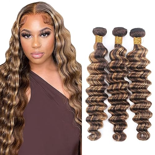 Evaxilc Deep Wave Bundles Extension Echthaar perücke Human Hair Glueless Bundles Brazilian Virgin Hair 100% Unprocessed P427 Highlight Brown Color 3 Bundles Total 300g For Women 18 20 22 Inch von Evaxilc