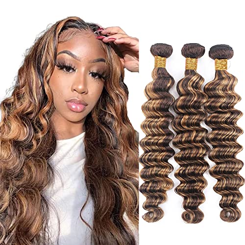 Evaxilc Deep Wave Bundles Extension Echthaar perücke Human Hair Glueless Bundles Brazilian Virgin Hair 100% Unprocessed P427 Highlight Brown Color 3 Bundles Total 300g For Women 20 22 24 Inch von Evaxilc