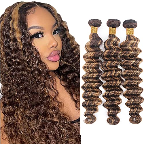 Evaxilc Deep Wave Bundles Extension Echthaar perücke Human Hair Glueless Bundles Brazilian Virgin Hair 100% Unprocessed P427 Highlight Brown Color 3 Bundles Total 300g For Women 22 24 26 Inch von Evaxilc