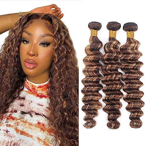 Evaxilc Deep Wave Bundles Extension Echthaar perücke Human Hair Glueless Bundles Brazilian Virgin Hair 100% Unprocessed P427 Highlight Brown Color 3 Bundles Total 300g For Women 24 26 28 Inch von Evaxilc