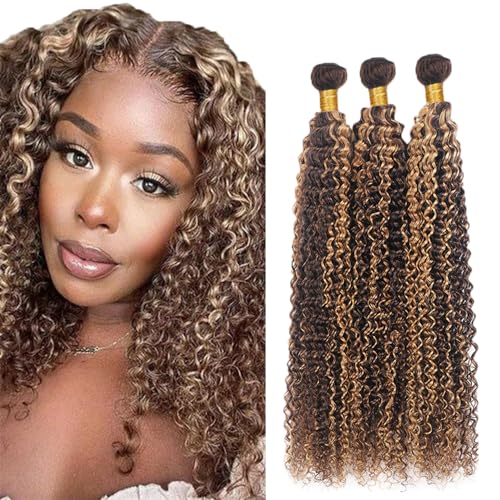 Evaxilc Kinky Curly Bundles Extension Echthaar perücke Human Hair Glueless Bundles Brazilian Virgin Hair 100% Unprocessed P427 Highlight Brown Color 3 Bundles Total 300g For Women 12 14 16 Inch von Evaxilc