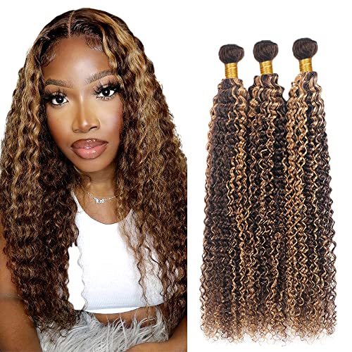 Evaxilc Kinky Curly Bundles Extension Echthaar perücke Human Hair Glueless Bundles Brazilian Virgin Hair 100% Unprocessed P427 Highlight Brown Color 3 Bundles Total 300g For Women 20 22 24 Inch von Evaxilc