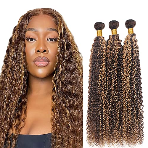 Evaxilc Kinky Curly Bundles Extension Echthaar perücke Human Hair Glueless Bundles Brazilian Virgin Hair 100% Unprocessed P427 Highlight Brown Color 3 Bundles Total 300g For Women 24 26 28 Inch von Evaxilc