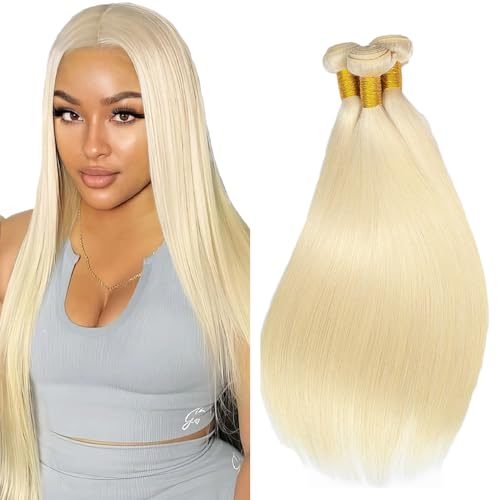 Evaxilc Straight Bundles Extension Echthaar perücke Human Hair Glueless Bundles Brazilian Virgin Hair 100% Unprocessed #613 Blonde Color 3 Bundles Total 300g For Women 22 24 26 Inch von Evaxilc