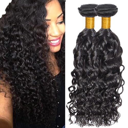 Evaxilc Water Wave Bundles Extension Echthaar perücke Human Hair Glueless Bundles Brazilian Virgin Hair 100% Unprocessed #1B Natural Black Color 2 Bundles Total 200g For Women 24 26 Inch von Evaxilc