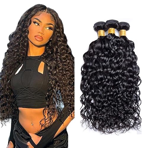 Evaxilc Water Wave Bundles Extension Echthaar perücke Human Hair Glueless Bundles Brazilian Virgin Hair 100% Unprocessed #1B Natural Black Color 3 Bundles Total 300g For Women 20 22 24 Inch von Evaxilc