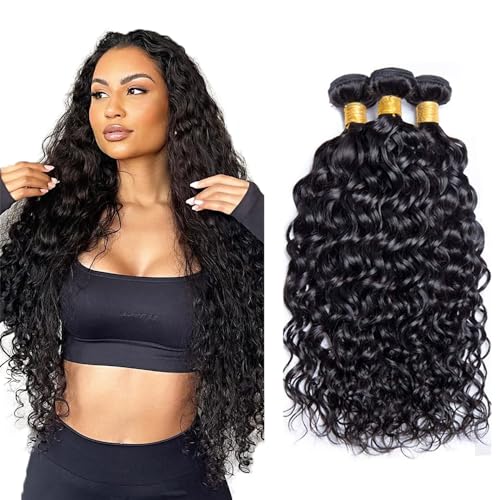 Evaxilc Water Wave Bundles Extension Echthaar perücke Human Hair Glueless Bundles Brazilian Virgin Hair 100% Unprocessed #1B Natural Black Color 3 Bundles Total 300g For Women 24 26 28 Inch von Evaxilc