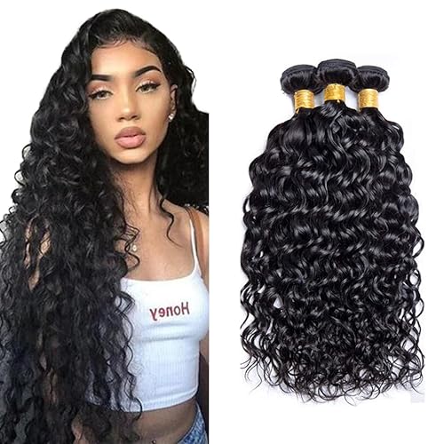 Evaxilc Water Wave Bundles Extension Echthaar perücke Human Hair Glueless Bundles Brazilian Virgin Hair 100% Unprocessed #1B Natural Black Color 3 Bundles Total 300g For Women 28 30 32 Inch von Evaxilc