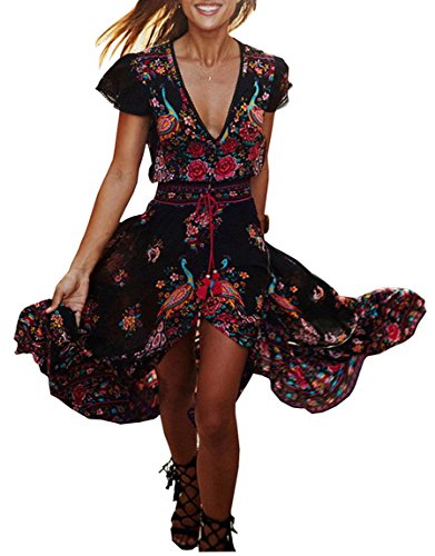Damen Sommer Böhmisches Kleid Floral Abendkleid Übergröße Maxikleid Lange Kleider Schwarz S /EU 36 von Evedaily