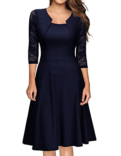 Evedaily Damen Kleid Elegant Abendkleid Cocktailkleid Knielang Partykleid Vintag Kleider 3/4 Arm mit Spitzen Navy Blau von Evedaily