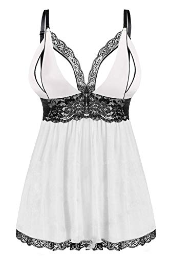 EVELIFE Damen Übergröße Dessous Set Spitze Sexy Chemise Nachtwäsche Babydoll Kleid mit G-String(Weiß 3XL) von EVELIFE