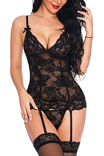 EVELIFE Damen Sexy Reizwäsche Strapse Set Erotische Unterwäsche Dessous Set V-Ausschnitt Spitze Lingerie mit Strumpfband Transparente Babydoll Nachtwäsche (Schwarz Medium) von EVELIFE