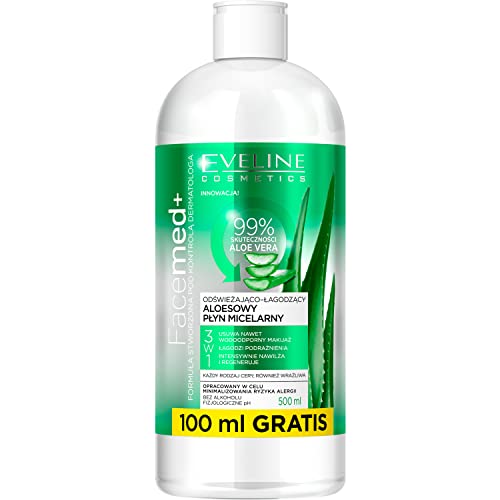 Eveline Cosmetics Facemed+ Erfrischendes Beruhigendes Aloe Mizellenwasser 3-in-1 - Entfernt Wasserfestes Make-up, Beruhigt Irritationen, Tiefenbefeuchtung & Regeneration, 500ml von EVELINE COSMETICS