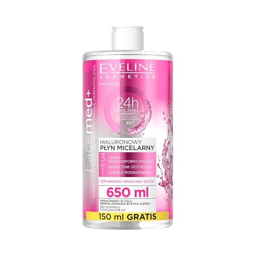 Eveline Cosmetics Facemed+ Hyaluron Micellarwasser 3-in-1 - Fortschrittliche Feuchtigkeitspflege & Make-up-Entfernung für empfindliche Haut, 650ml von EVELINE COSMETICS