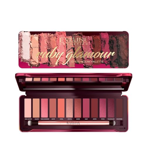 Eveline Cosmetics Ruby Glamour Lidschattenpalette - 12 Nuancen inspiriert von Edelsteinen, mischbare matte und metallische Finishes mit doppelseitigem Pinsel von EVELINE COSMETICS