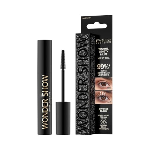 Eveline Cosmetics Wonder Show Mascara Verlängernde Wimperntusche - Extreme Wimpernverlängerung, Volumen & Schwung - Vegane Formel mit Sonnenblumenöl & Carnaubawachs - 7ml von EVELINE COSMETICS
