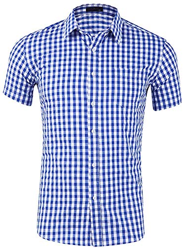 Evelure Herren Hemd Kariert Kurzarm Trachtenhemd Kentkragen Shirts Regular Fit Businesshemd (Blau,L) von Evelure