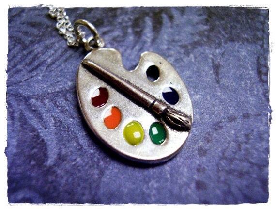 Silber Kunst Palette Halskette - Emaillierter Sterling Anhänger An Einer Zarten Kabelkette Oder von EvelynMaeCreations