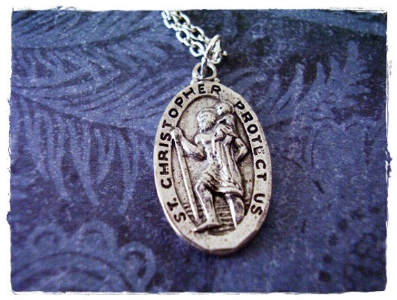 Silber Saint Christopher Medaillon Halskette - Antique Pewter St Medallion Charm An Einer Versilberten Kabelkette Oder Nur von EvelynMaeCreations