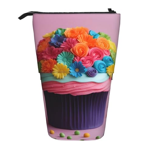 Evengigy Bunte Cupcakes Regenbogen Blume Kuchen Druck Niedliches Federmäppchen mit Reißverschluss Verstellbarer Ständer Bleistifthalter Lustige Make-up-Tasche von Evengigy