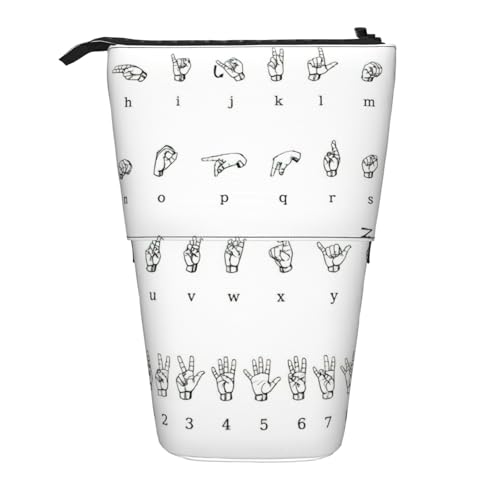 Evengigy Gebärdensprache, Alphabet-Druck, niedliches Federmäppchen mit Reißverschluss, verstellbarer Ständer, Stifthalter, lustige Make-up-Tasche, Schwarz , Einheitsgröße, Taschen-Organizer von Evengigy