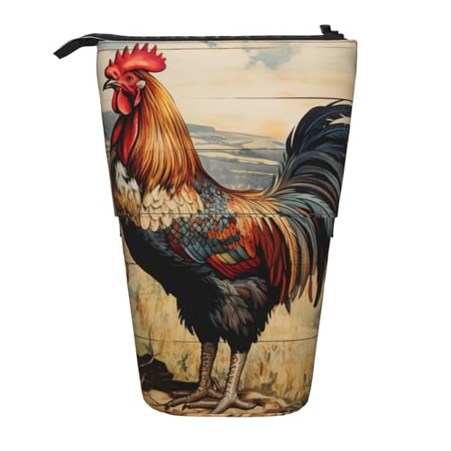 Evengigy Hahn auf Holz im Bauernland-Druck, niedliches Federmäppchen mit Reißverschluss, verstellbarer Ständer, Stifthalter, lustige Make-up-Tasche, Schwarz , Einheitsgröße, Taschen-Organizer von Evengigy