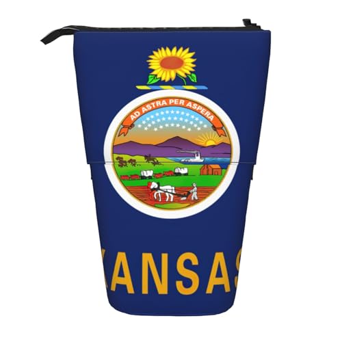 Evengigy Kansas Staatsflaggen-Druck, niedliches Federmäppchen mit Reißverschluss, verstellbarer Ständer, Stifthalter, lustige Make-up-Tasche, Schwarz , Einheitsgröße, Taschen-Organizer von Evengigy