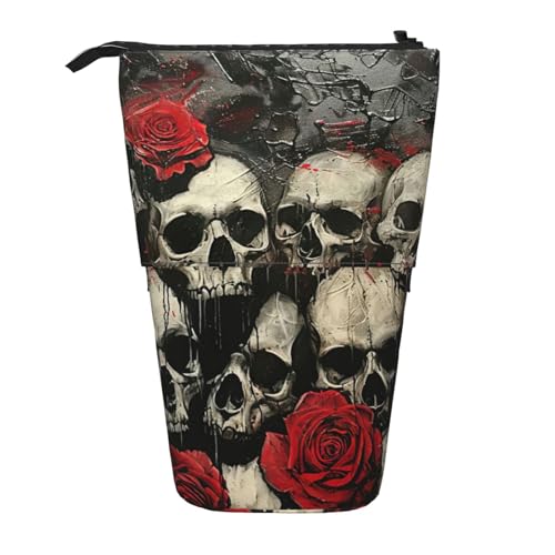 Evengigy Niedliches Federmäppchen mit Totenkopf und roter Rose, mit Reißverschluss, verstellbarer Ständer, Stifthalter, lustige Make-up-Tasche, Schwarz , Einheitsgröße, Taschen-Organizer von Evengigy