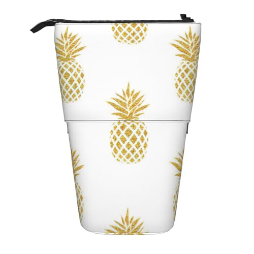 Evengigy Niedliches Federmäppchen mit goldfarbenem Ananas-Hintergrund, mit Reißverschluss, verstellbarer Ständer, Stifthalter, lustige Make-up-Tasche, Schwarz , Einheitsgröße, Taschen-Organizer von Evengigy