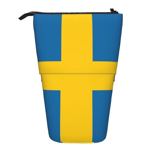 Evengigy Niedliches Federmäppchen mit schwedischem Flaggen-Druck, mit Reißverschluss, verstellbarer Ständer, Stifthalter, lustige Make-up-Tasche, Schwarz , Einheitsgröße, Taschen-Organizer von Evengigy