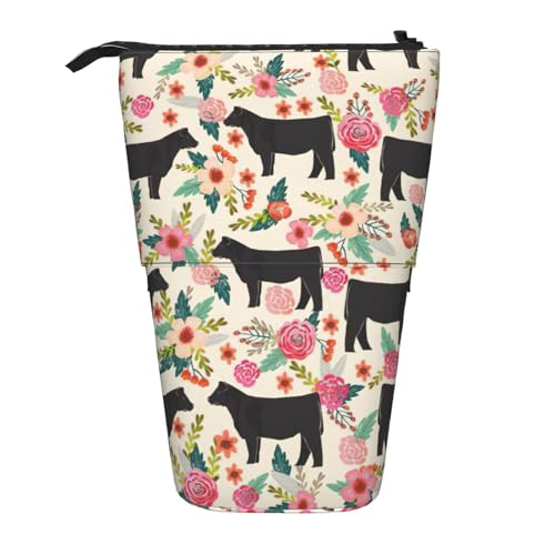 Evengigy Rosa Blume Show Steer Kühe Rinder Druck Niedliches Federmäppchen mit Reißverschluss Verstellbarer Ständer Stifthalter Lustige Make-up-Tasche, Schwarz , Einheitsgröße, Taschen-Organizer von Evengigy