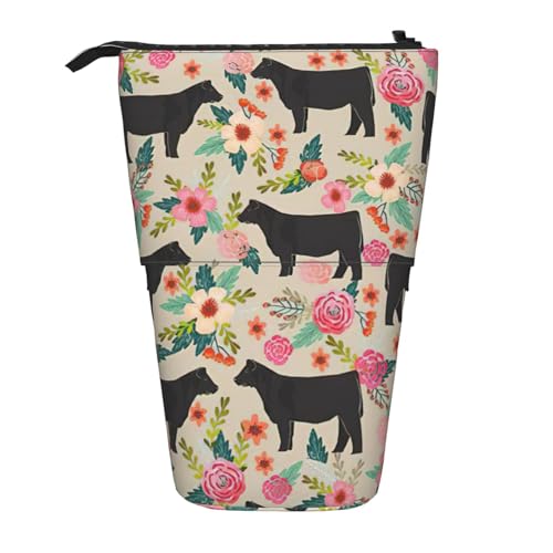 Evengigy Rosa Blume Show Steer Kühe Rinder Druck Niedliches Federmäppchen mit Reißverschluss Verstellbarer Ständer Stifthalter Lustige Make-up-Tasche, Schwarz , Einheitsgröße, Taschen-Organizer von Evengigy