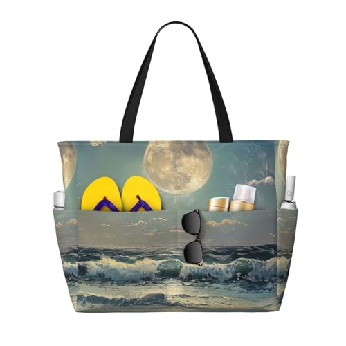 Evengigy Wasserdichte Strandtasche für Damen, Motiv: Mond und Meer, groß, für Fitnessstudio, Handgepäck für Reisen Evengigy Wasserdichte Strandtasche für Damen, Motiv: Mond und Meer, groß, für Fitnessstudio, Handgepäck für Reisen von Evengigy