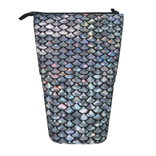 Silbernes Federmäppchen mit Fischschuppen-Druck, mit Reißverschluss, verstellbarer Ständer, Stifthalter, lustige Make-up-Tasche, Schwarz , Einheitsgröße, Taschen-Organizer von Evengigy