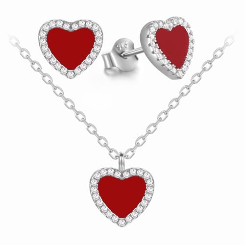 Evensee Rotes Korallen Herz Set Ohrstecker & Halskette 925 Silber,Romantisches Schmuck Set mit Zirkonia für Damen,Symbol ewiger Liebe Geschenk für Sie Evensee Rotes Korallen Herz Set Ohrstecker & Halskette 925 Silber,Romantisches Schmuck Set mit Zirkonia für Damen,Symbol ewiger Liebe Geschenk für Sie von Evensee