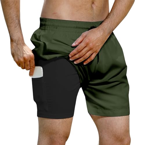 Evensu Badehose Herren 2 in 1 Badeshorts Männer Armeegrün Schwimmhose Schnelltrocknend Kurz Boardshorts mit Kompression und Taschen XL von Evensu