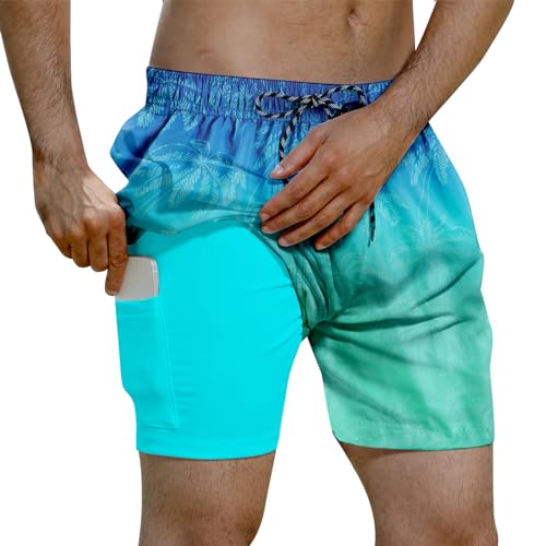 Evensu Badehose Herren 2 in 1 Badeshorts Männer Blaue Hawaii Drucken Schwimmhose Schnelltrocknend Kurz Boardshorts mit Kompression und Taschen XL von Evensu