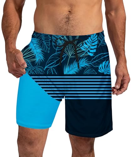 Evensu Badehose Herren 2 in 1 Badeshorts Männer Dunkelblau Blatt Drucken Schwimmhose Schnelltrocknend Kurz Boardshorts mit Kompression und Taschen XL von Evensu