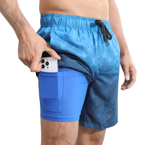 Evensu Badehose Herren 2 in 1 Badeshorts Männer Dunkelblau Schwimmhose Schnelltrocknend Kurz Boardshorts mit Kompression und Taschen XL von Evensu