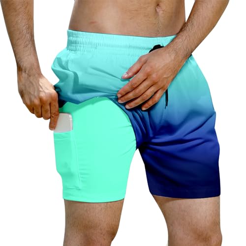 Evensu Badehose Herren 2 in 1 Badeshorts Männer Grün Blau Schwimmhose Schnelltrocknend Kurz Boardshorts mit Kompression und Taschen M von Evensu