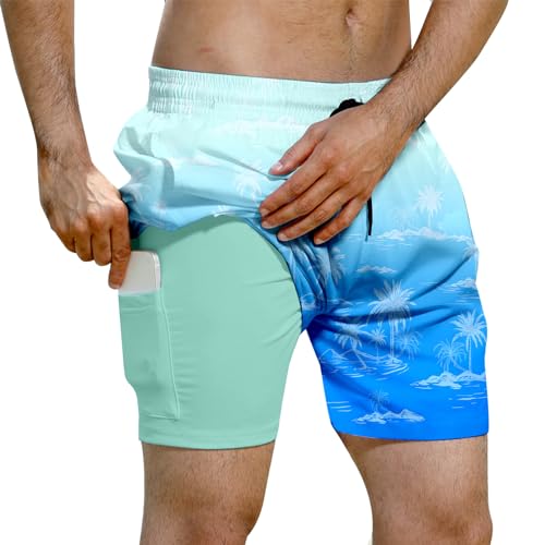 Evensu Badehose Herren 2 in 1 Badeshorts Männer Hawaii Schwimmhose Schnelltrocknend Kurz Boardshorts mit Kompression und Taschen XL von Evensu