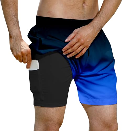 Evensu Badehose Herren 2 in 1 Badeshorts Männer Schwarz Blau Schwimmhose Schnelltrocknend Kurz Boardshorts mit Kompression und Taschen M von Evensu