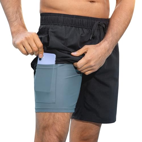 Evensu Badehose Herren 2 in 1 Badeshorts Männer Schwarz Schwimmhose Schnelltrocknend Kurz Boardshorts mit Kompression und Taschen XL von Evensu