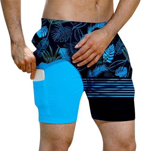 Evensu Badehose Herren mit Kompression Badeshorts 2 in 1 Schnelltrocknend Schwimmhose 7" Boardshorts mit Innenhose Dunkelblau Blatt Drucken Shorts L von Evensu